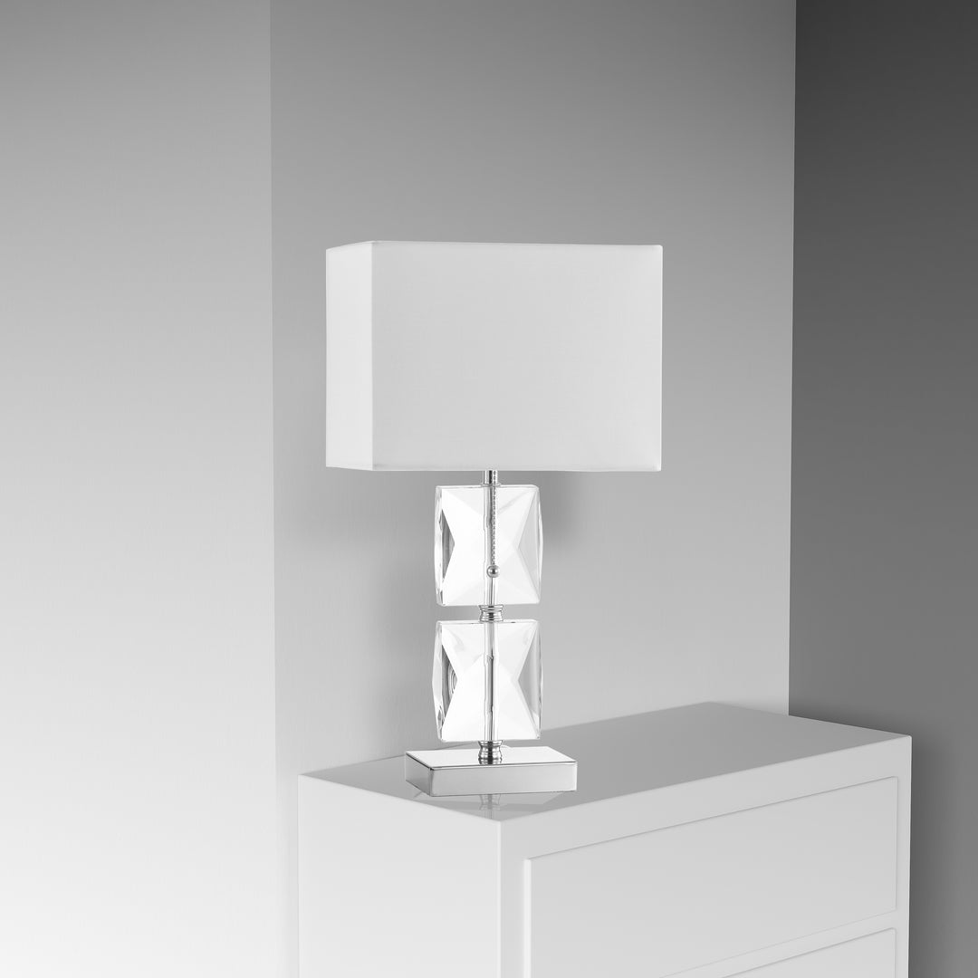 Dainolite 1 Light Incandescent Crystal Table Lamp Polished Chrome Finish Rolled Edge Top and Bottom Virgin White Shade