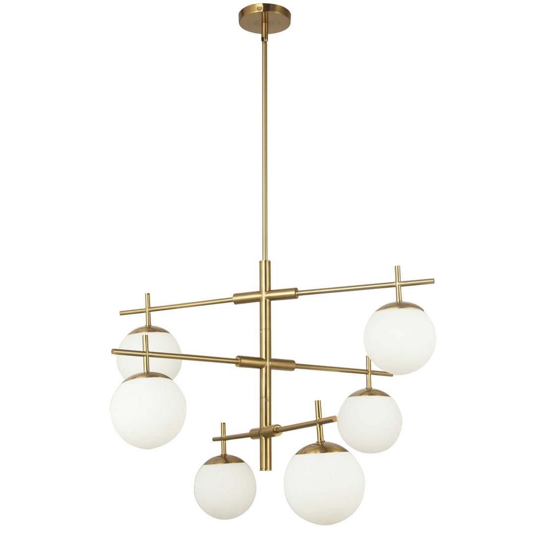 Dainolite 6 Light Halogen Chandelier, Aged Brass with White Opal Glass