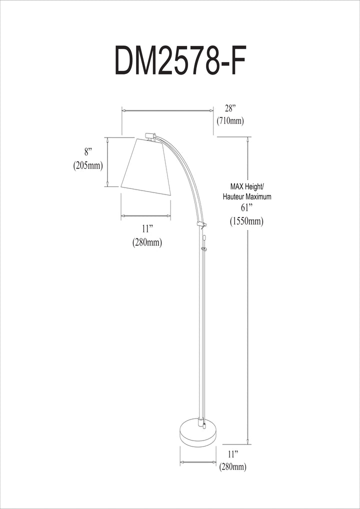 Dainolite 1 Light Incandescent Adjustable Floor Lamp, Aged Brass with White Shade