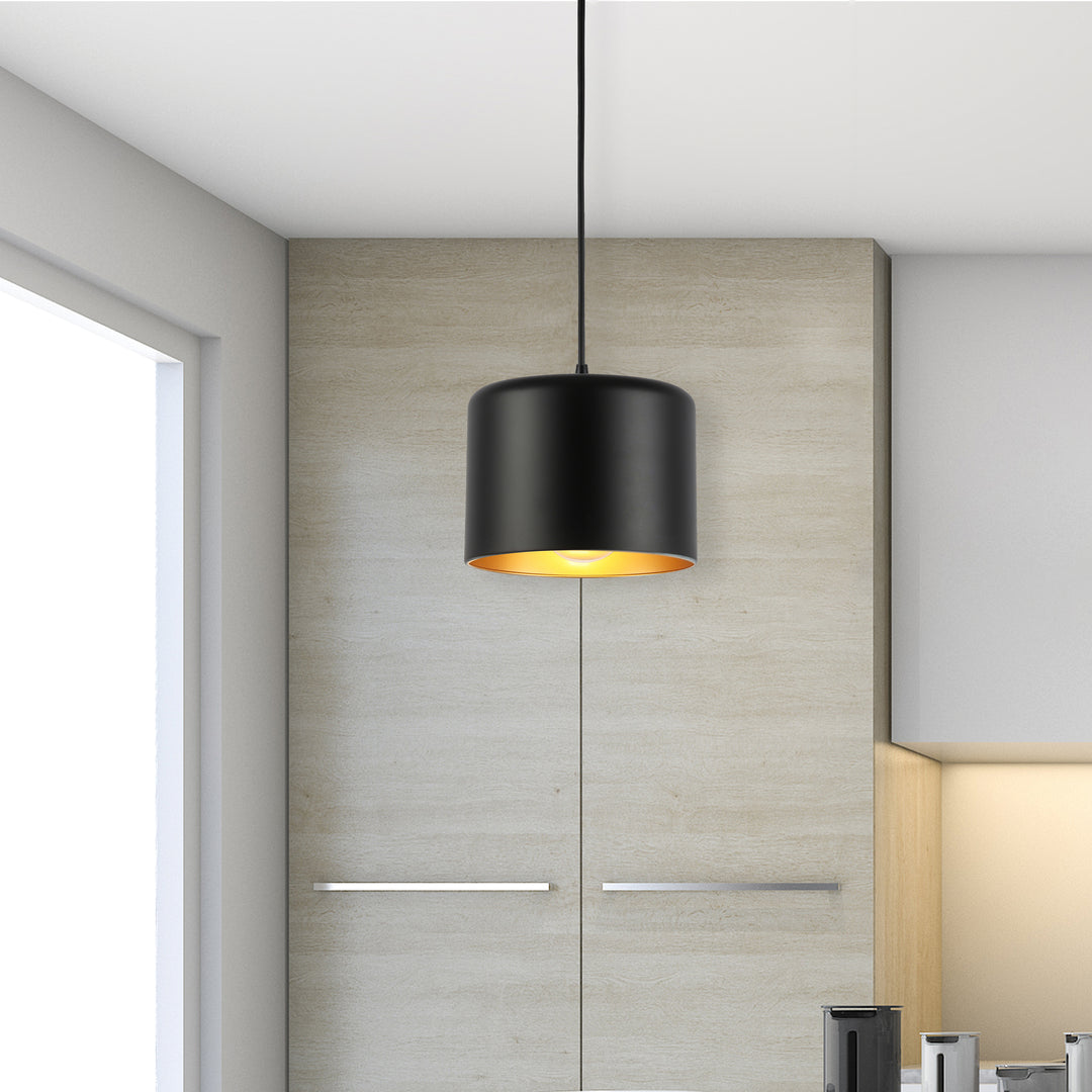 Dainolite 1 Light Incandescent Pendant, Aged Brass w/ Matte Black &Gold Shade