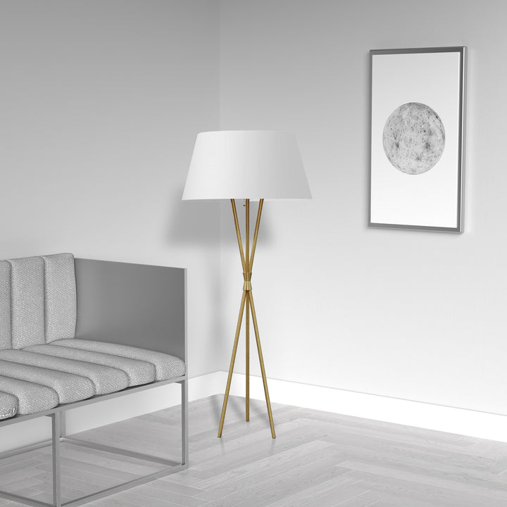 Dainolite 1 Light 3 Legged Aged Brass Floor Lamp, with White/Gold Shade