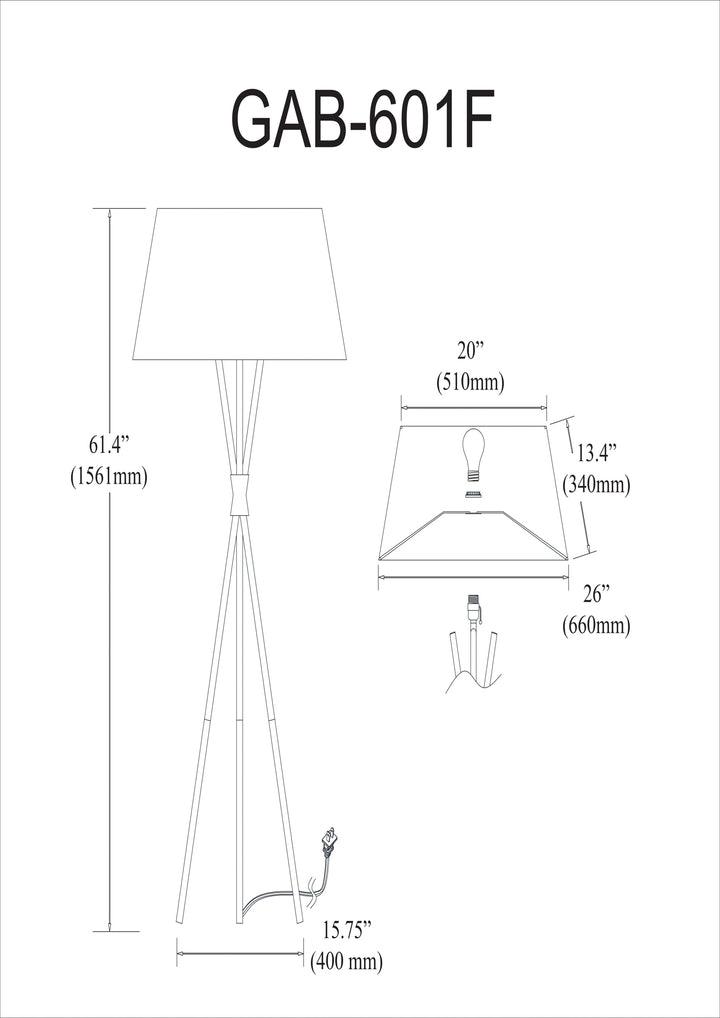 Dainolite 1 Light 3 Legged Aged Brass Floor Lamp, with White/Gold Shade