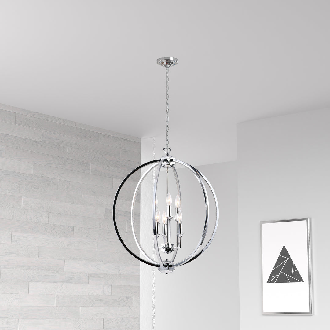 Dainolite 6 Light Chandelier With Crystal Studded Banding, Polished Chrome Finish