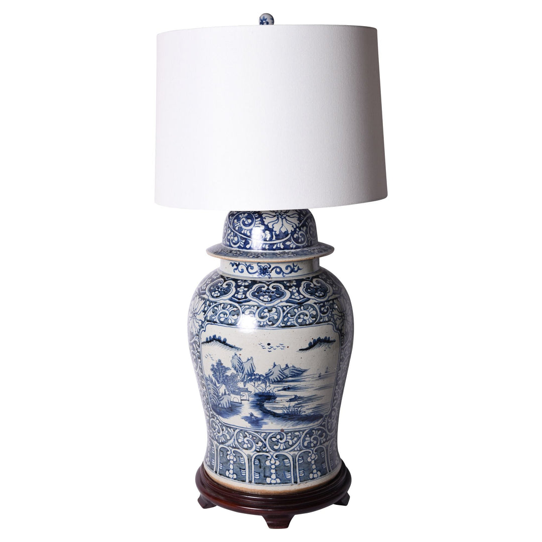 Blue and White Floral Landscape Medallion Temple Jar Lamp