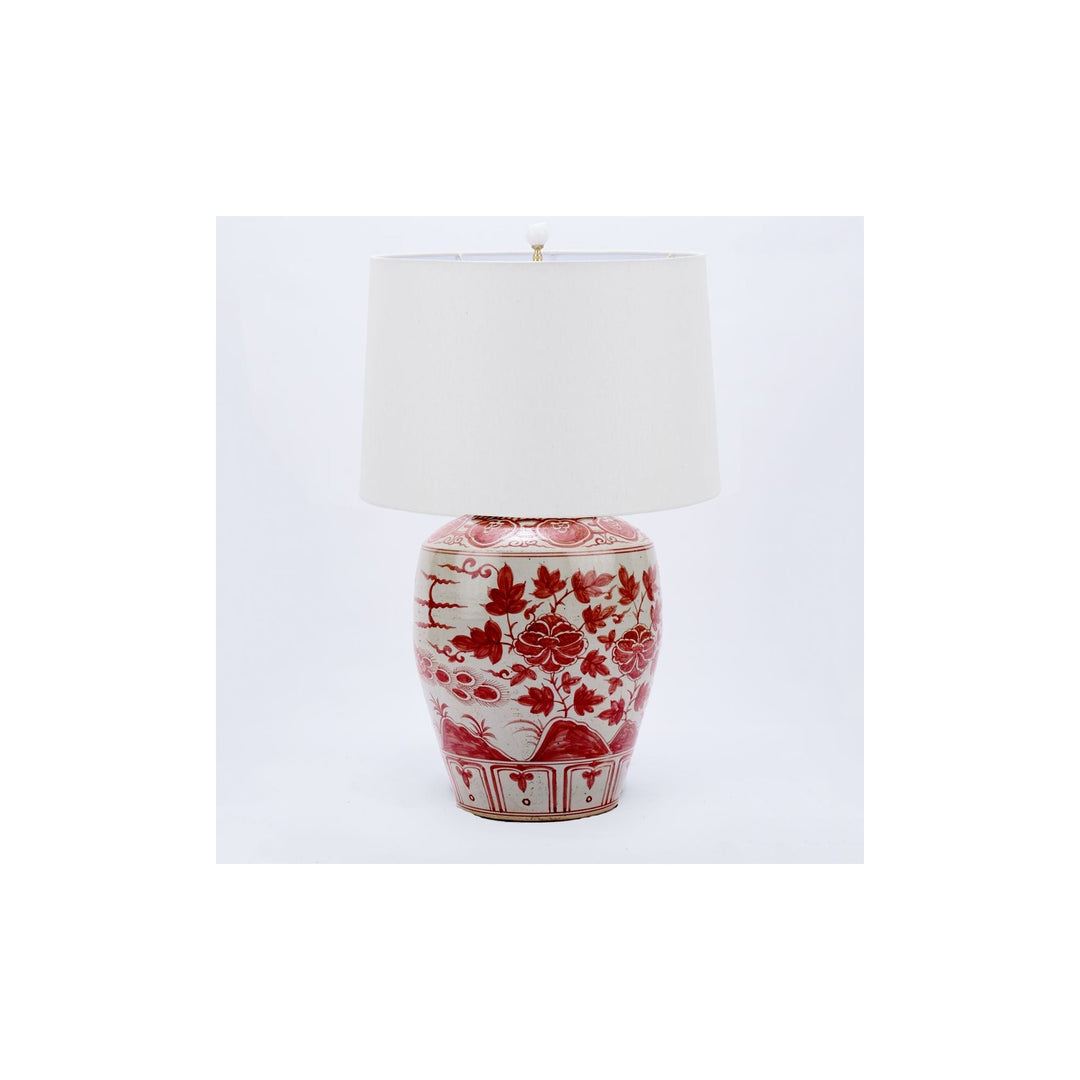 Coral Red Barn Jar Bird Motif Lamp