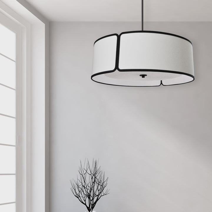 Dainolite 4 Light Black Notched Drum Pendant with White Shade and White Diffuser