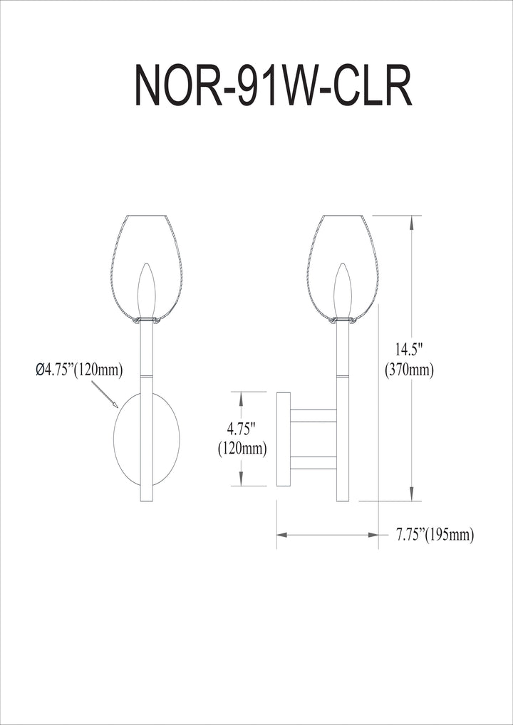 Dainolite 1 Light Incandescent Wall Sconce, Matte Black w/ Clear Glass