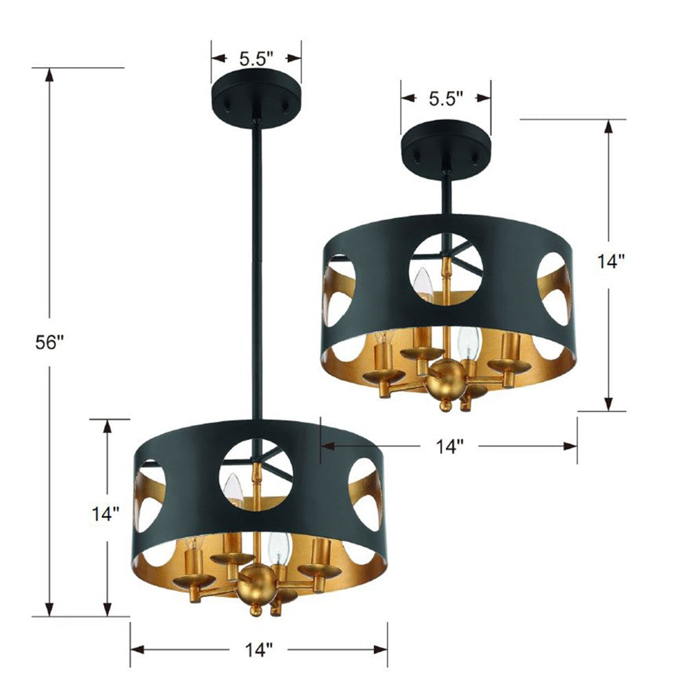 Crystorama Odelle 4 Light Black + Antique Gold Semi Flush Mount