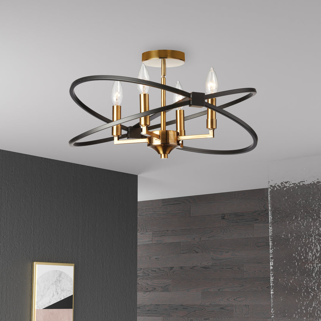 Dainolite 4 Light Incandescent Semi Flush, Polished Chrome and Matte Black Finish