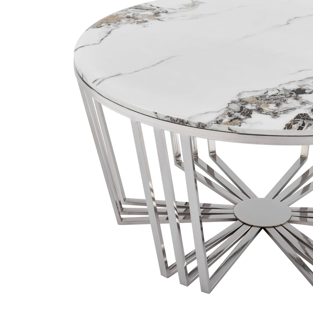 Finesse Decor Lunar Gleam Chrome Coffee Table, Chrome and White Marble Finish