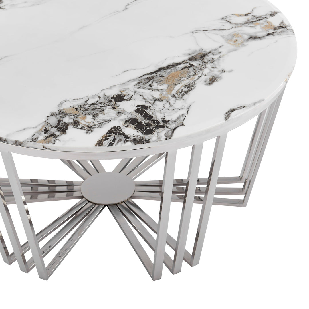 Finesse Decor Lunar Gleam Chrome Coffee Table, Chrome and White Marble Finish