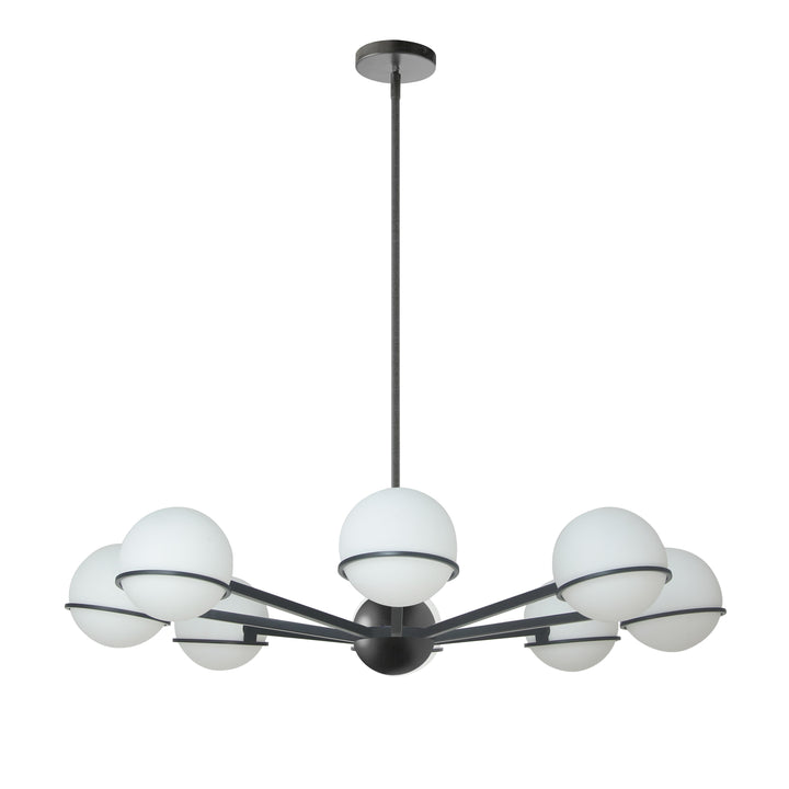 Dainolite 8 Light Halogen Chandelier, Matte Black / Aged Brass with White Opal Glass