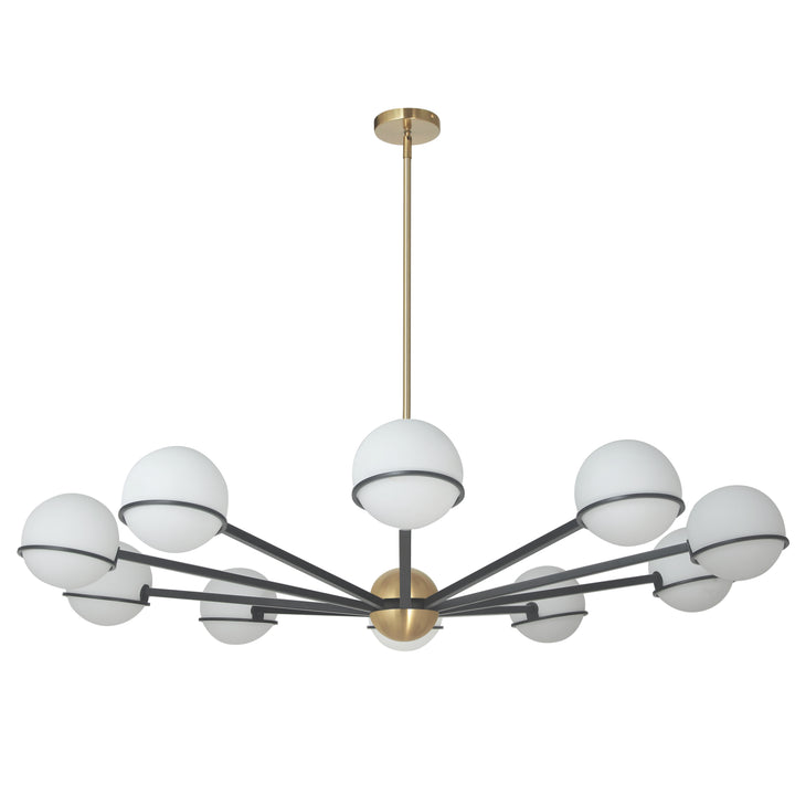 Dainolite 10 Light Halogen Chandelier, Matte Black / Aged Brass with White Opal Glass