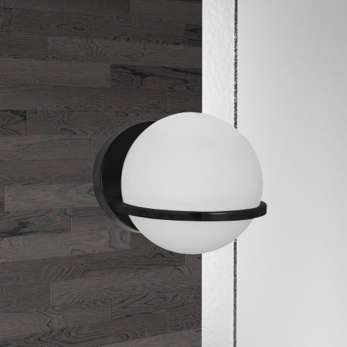 Dainolite 1 Light Halogen Wall Sconce, Matte Black / Aged Brass with White Opal Glass