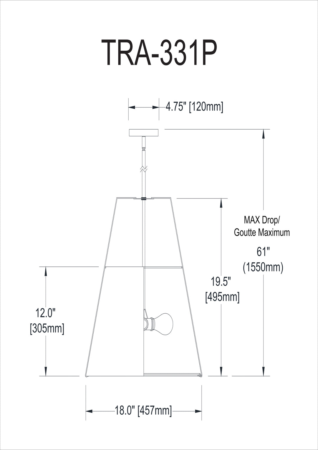 Dainolite 3 Light Trapezoid Pendant Gold/Black Shade w/ White Fabric Diffuser