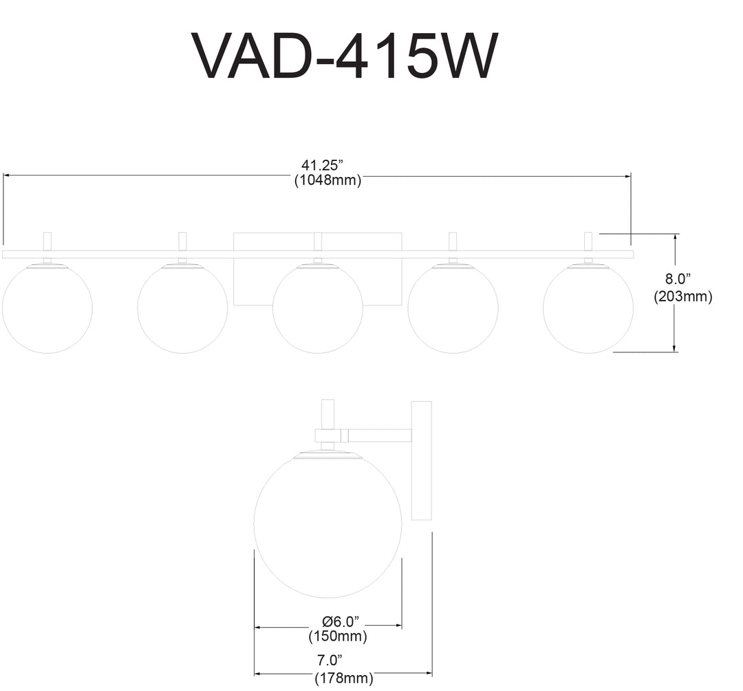 Dainolite 5 Light Halogen Vanity, Matte Black