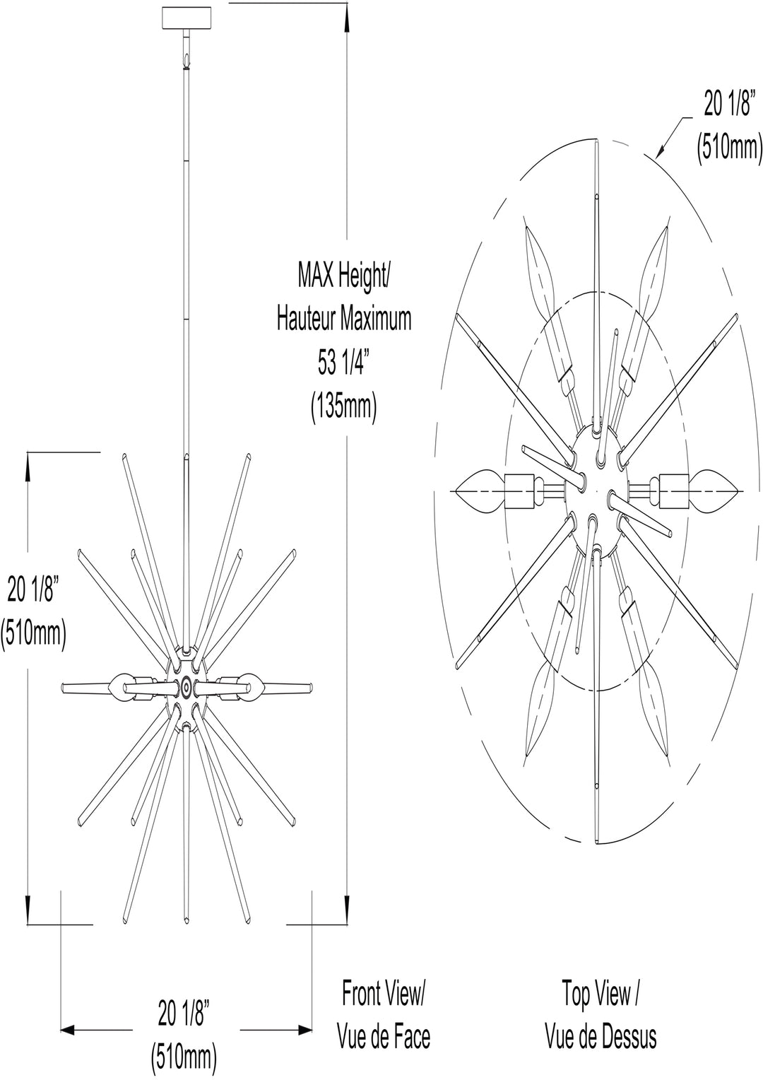 Dainolite 6 Light Incandescent Pendant, Polished Chrome Finish with Clear Acrylic Spikes