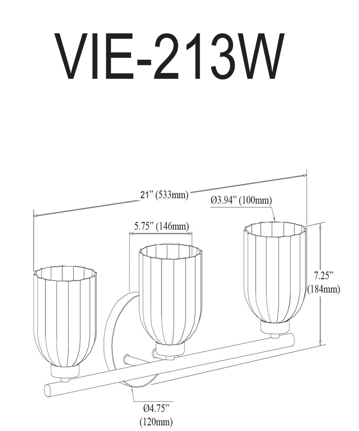 Dainolite 3 Light Incandescent Vienna Vanity Aged Brass w/ Clear Ribbed Glass