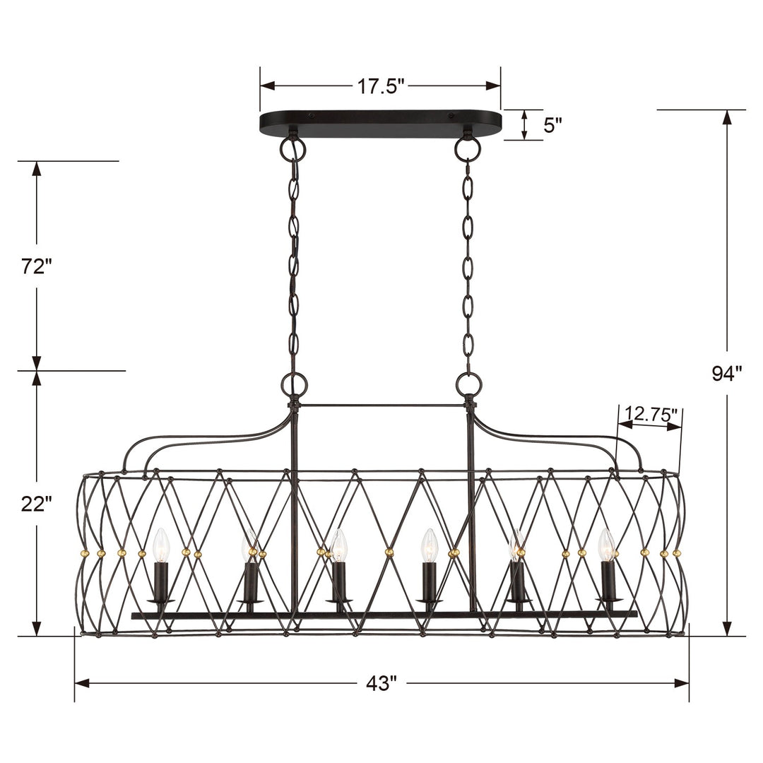 Crystorama Zucca 6 Light English Bronze + Antique Gold Linear Chandelier