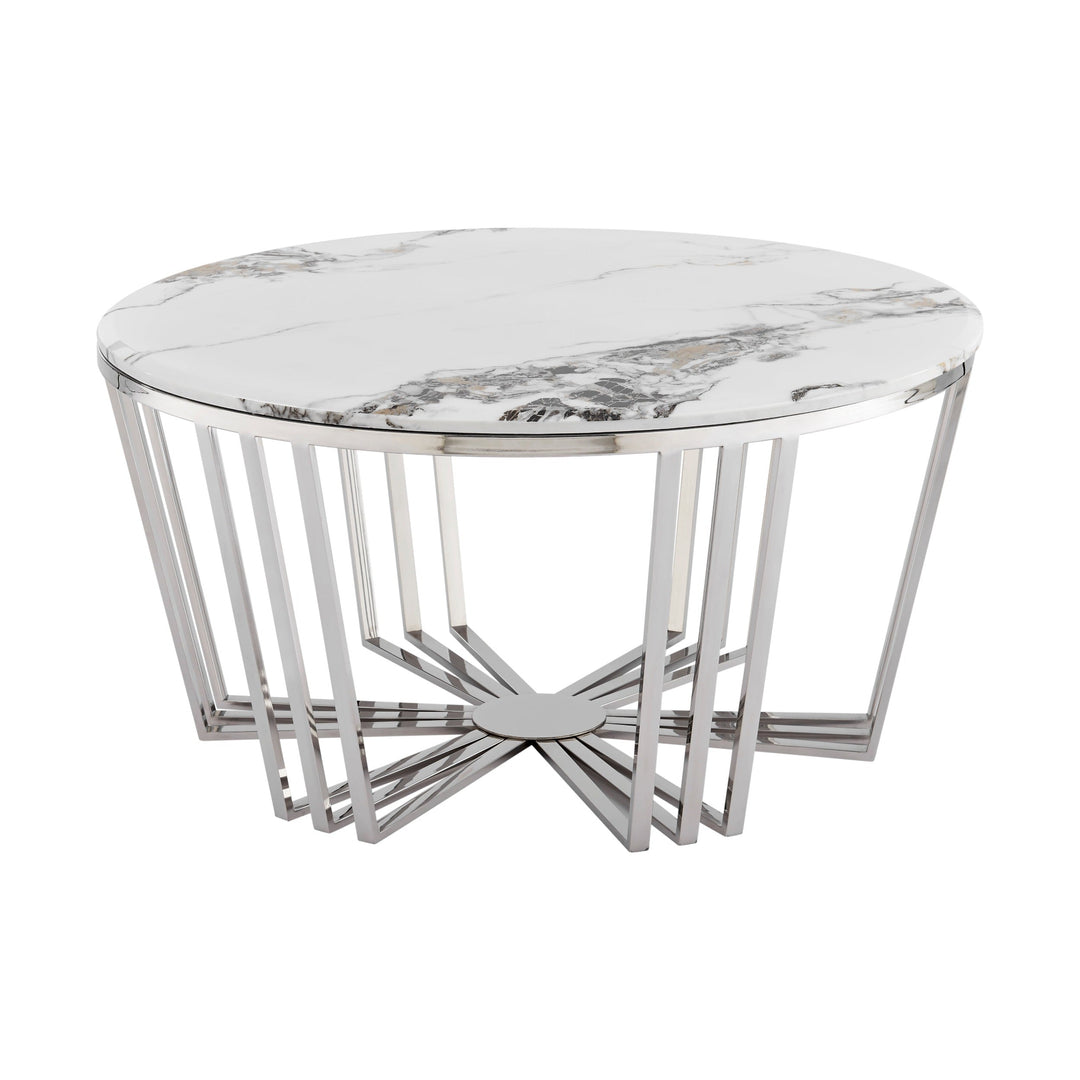 Finesse Decor Lunar Gleam Chrome Coffee Table, Chrome and White Marble Finish