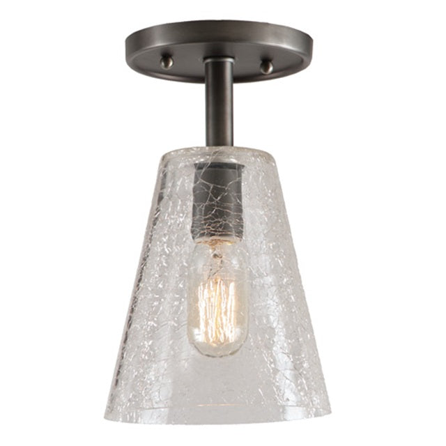 One light grand central ceiling mount gun metal finish 7.5" Wide, crackled mouth blown glass medium cone shade